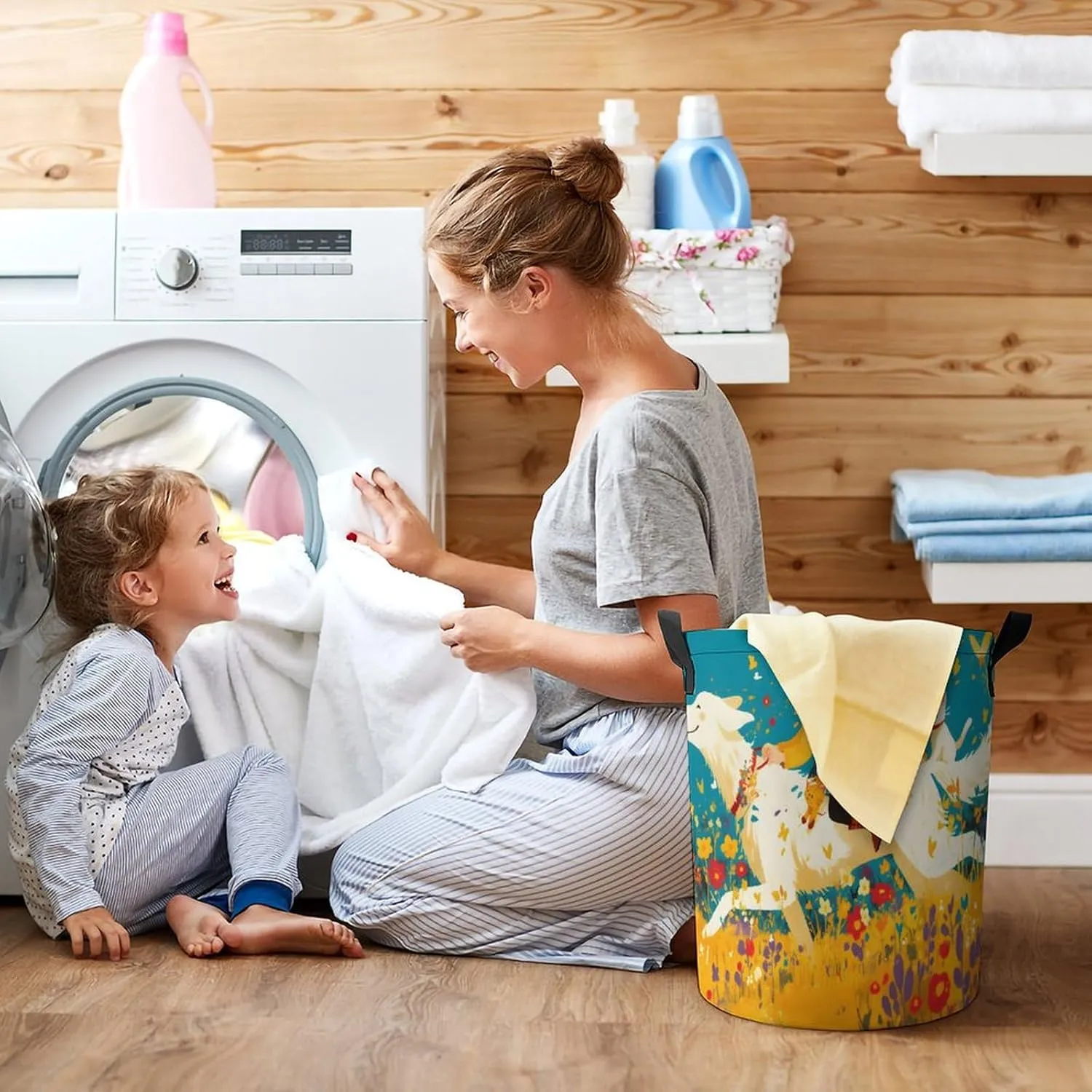 Laundry Hampers, Large Drawstring Laundry Bag, Removable Laundry Bags, Collapsible Storage Bin with Handles for Home Organization, Kids Room, Nursery Illustration