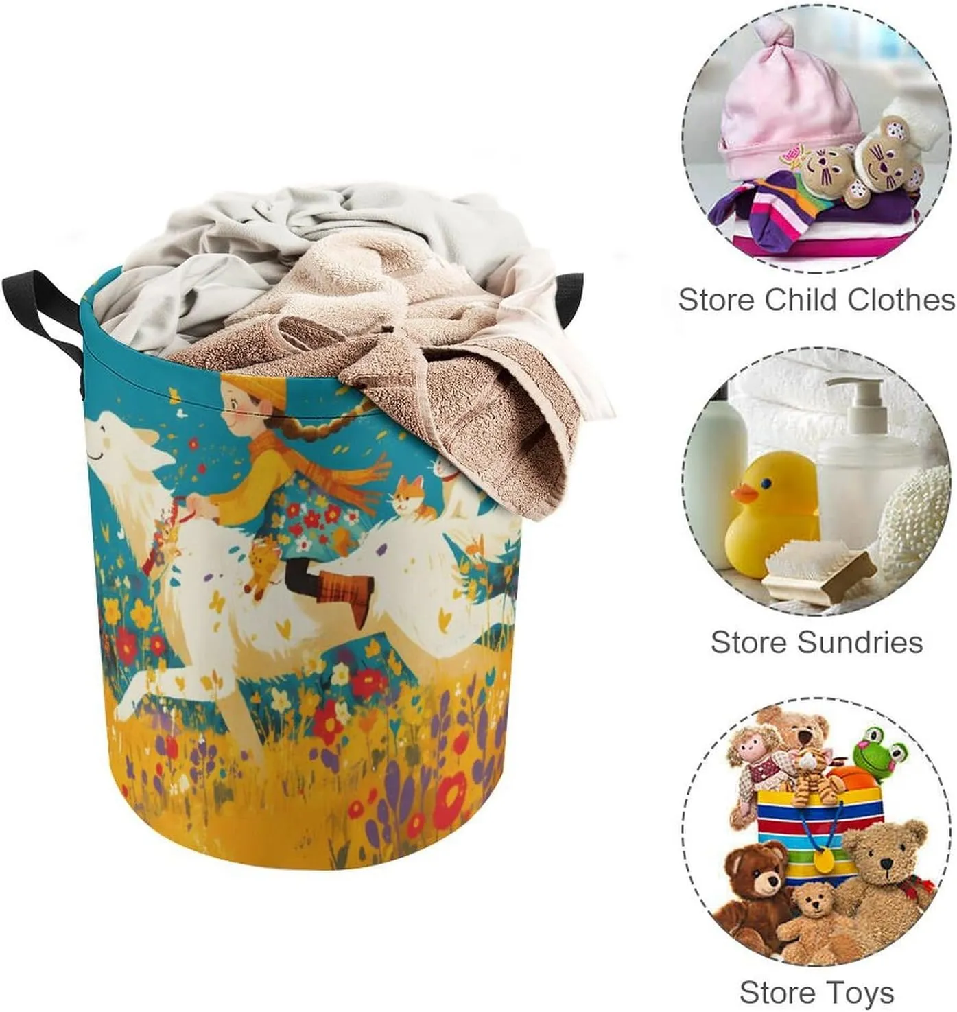 Laundry Hampers, Large Drawstring Laundry Bag, Removable Laundry Bags, Collapsible Storage Bin with Handles for Home Organization, Kids Room, Nursery Illustration