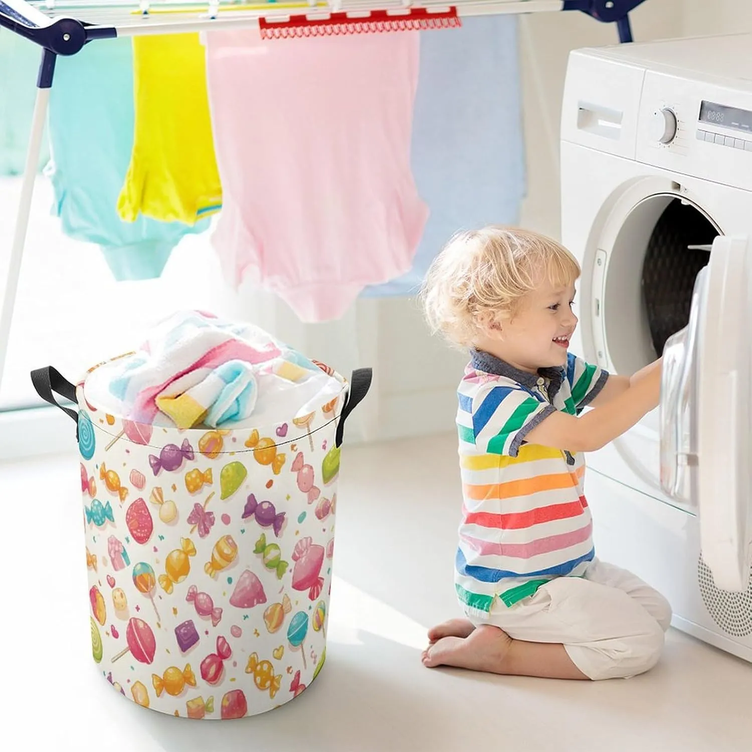 Laundry Hampers, Large Drawstring Laundry Bag, Removable Laundry Bags, Collapsible Storage Bin with Handles for Home Organization, Kids Room, Nursery Magenta