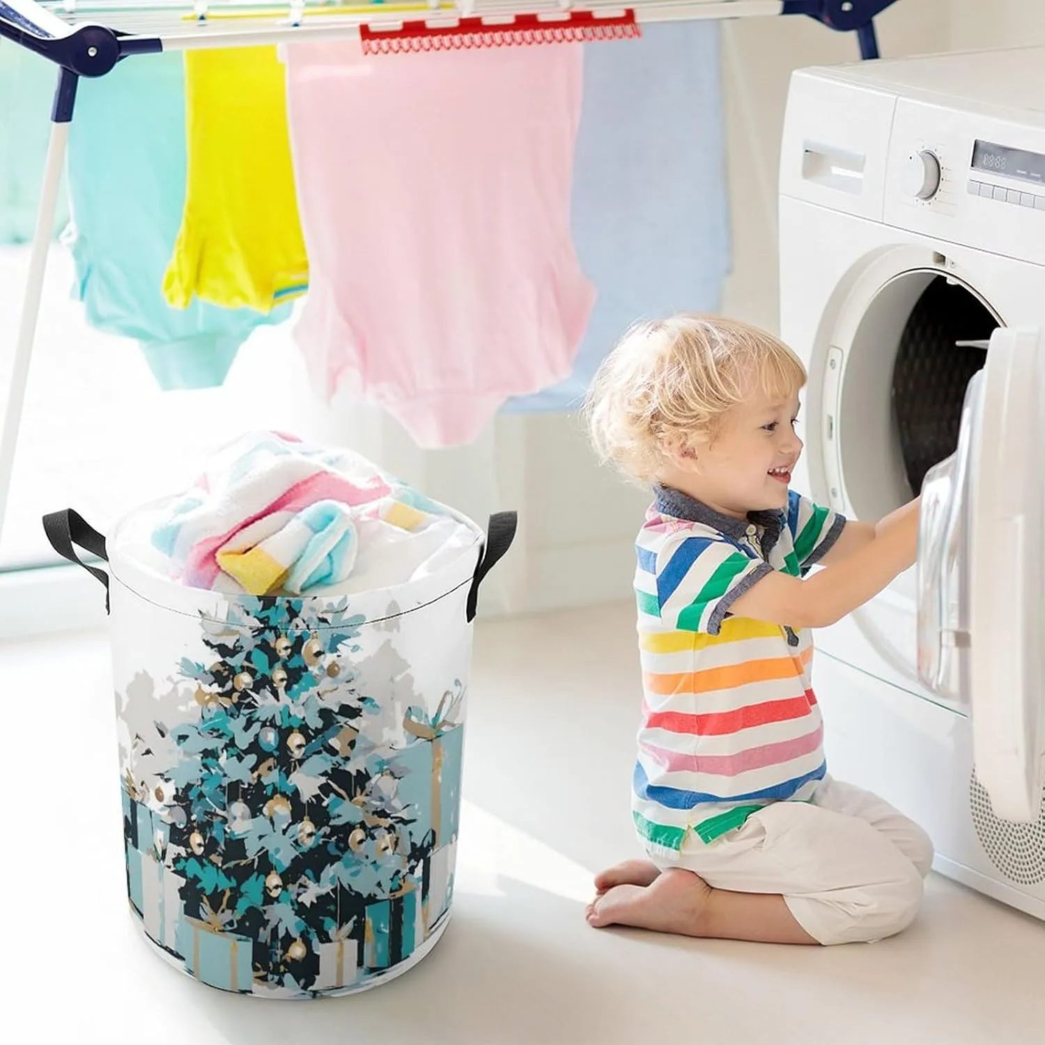 Laundry Hampers, Large Drawstring Laundry Bag, Removable Laundry Bags, Collapsible Storage Bin with Handles for Home Organization, Kids Room, Nursery Plant