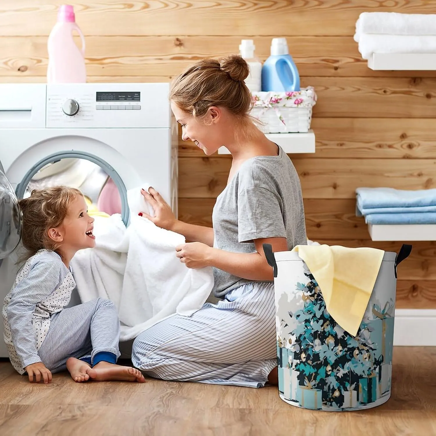Laundry Hampers, Large Drawstring Laundry Bag, Removable Laundry Bags, Collapsible Storage Bin with Handles for Home Organization, Kids Room, Nursery Plant