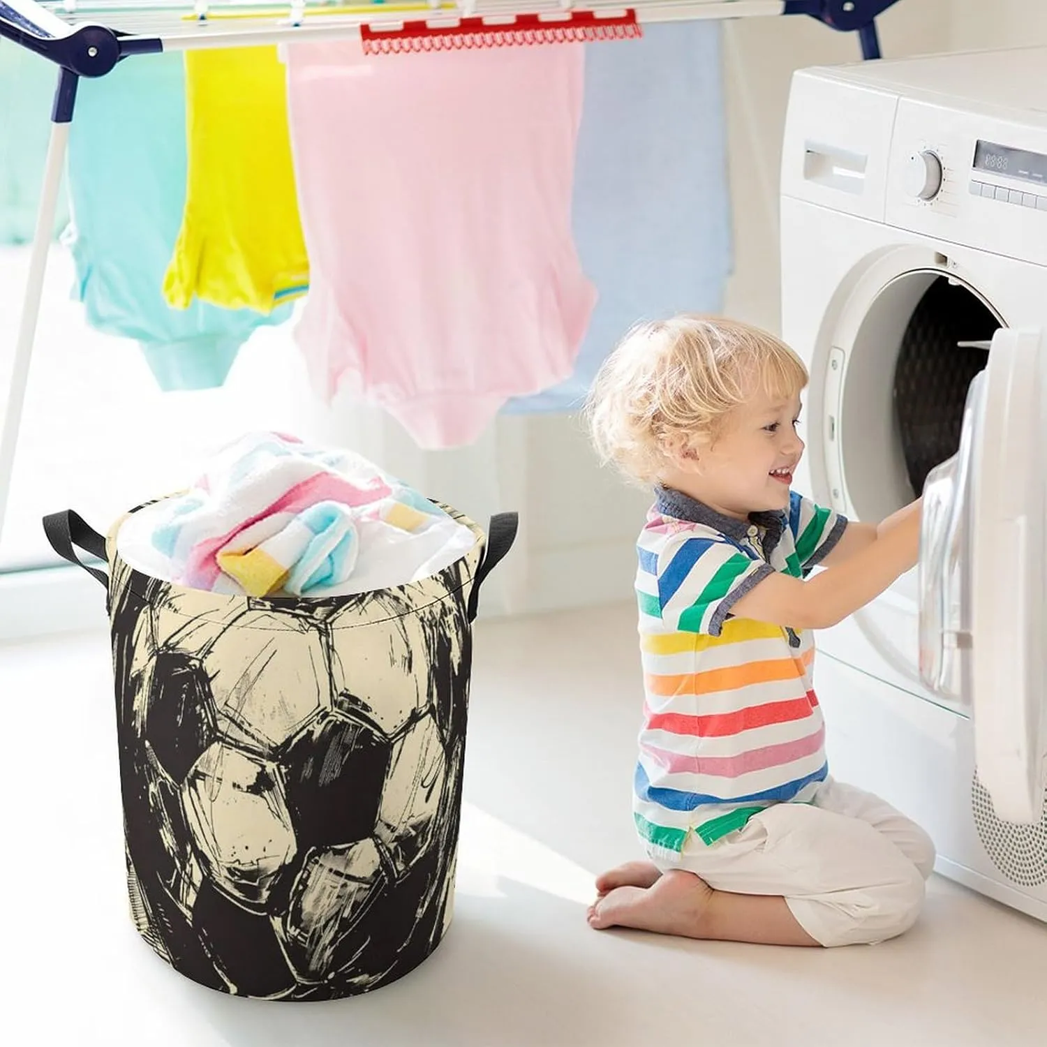 Laundry Hampers, Large Drawstring Laundry Bag, Removable Laundry Bags, Collapsible Storage Bin with Handles for Home Organization, Kids Room, Nursery Soccer Ball