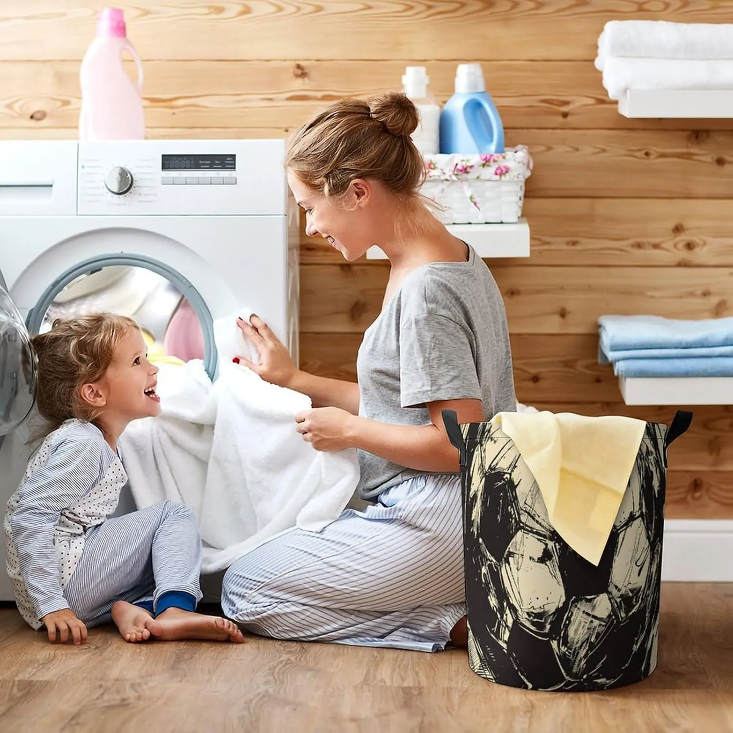 Laundry Hampers, Large Drawstring Laundry Bag, Removable Laundry Bags, Collapsible Storage Bin with Handles for Home Organization, Kids Room, Nursery Soccer Ball
