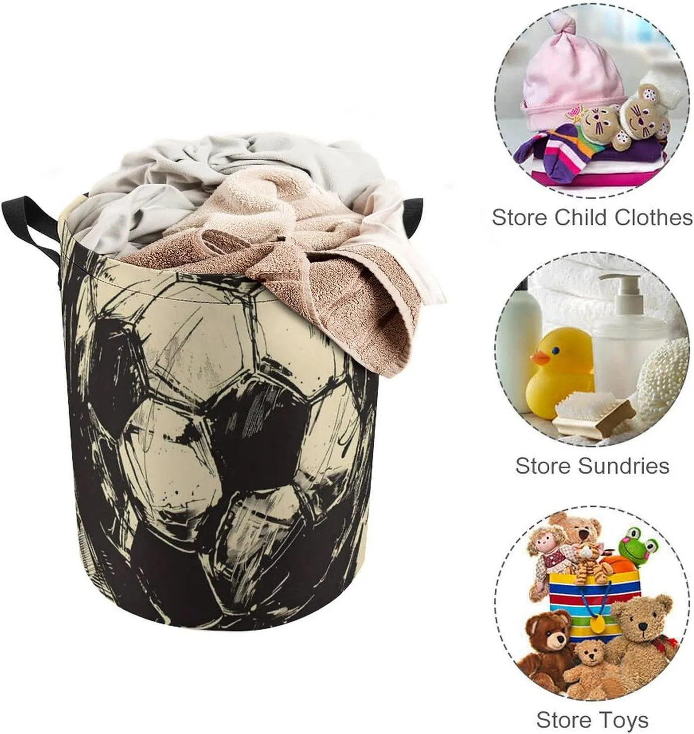 Laundry Hampers, Large Drawstring Laundry Bag, Removable Laundry Bags, Collapsible Storage Bin with Handles for Home Organization, Kids Room, Nursery Soccer Ball