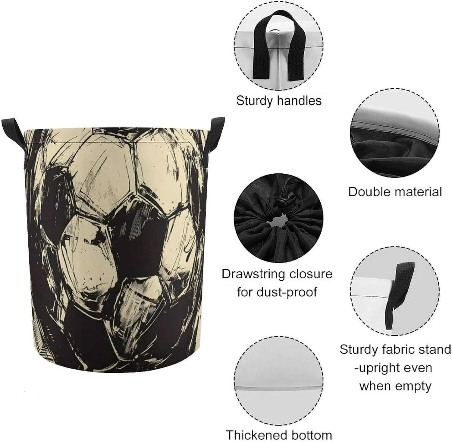 Laundry Hampers, Large Drawstring Laundry Bag, Removable Laundry Bags, Collapsible Storage Bin with Handles for Home Organization, Kids Room, Nursery Soccer Ball