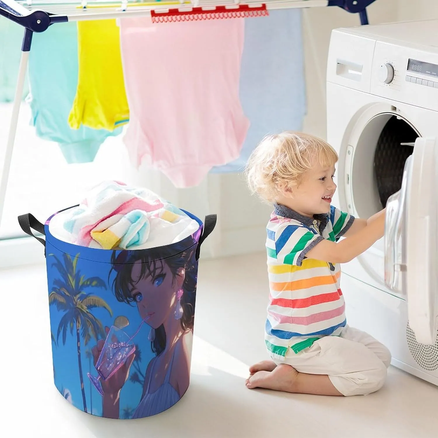 Laundry Hampers, Large Drawstring Laundry Bag, Removable Laundry Bags, Collapsible Storage Bin with Handles for Home Organization, Kids Room, Nursery Vertebrate