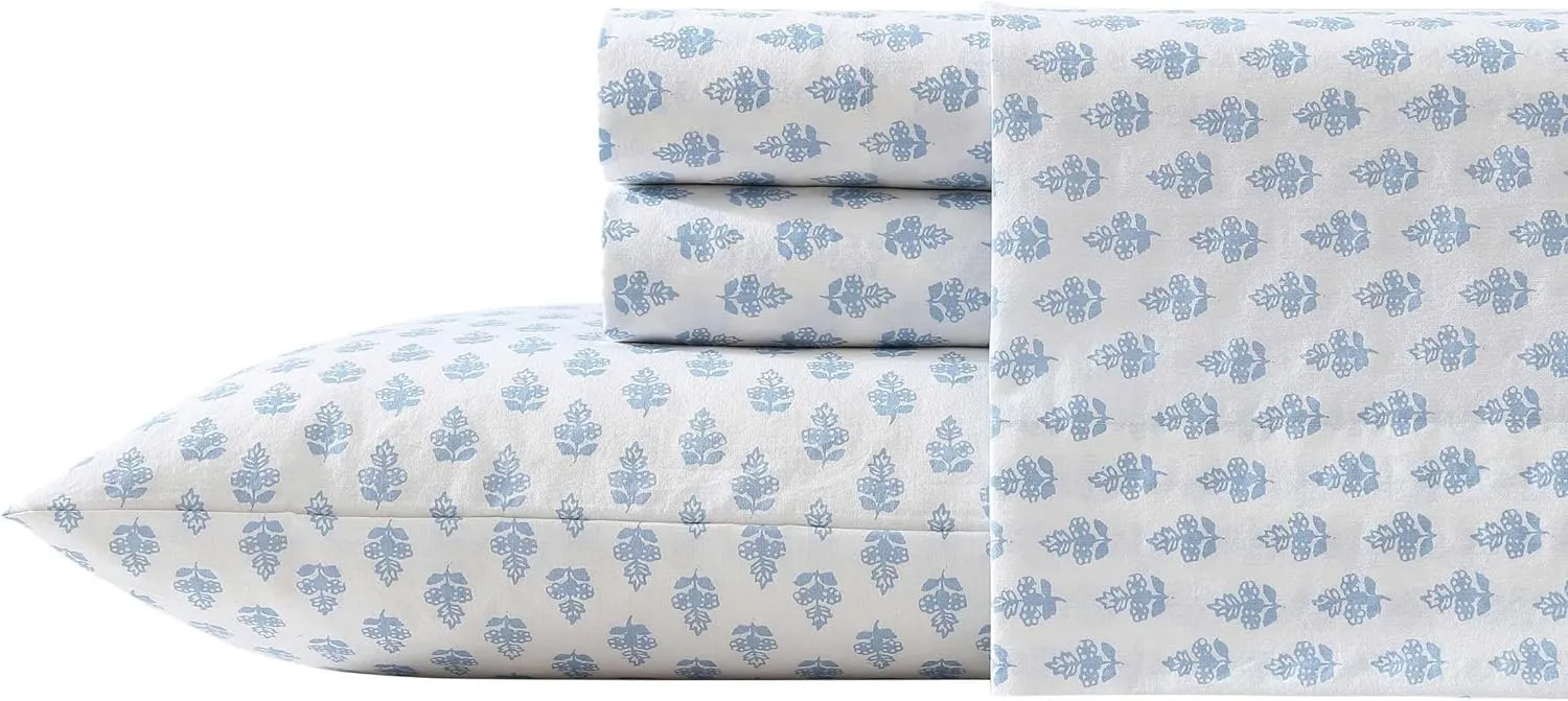 Laura Ashley - Queen Sheets, Cotton Percale Bedding Set, Lightweight & Breathable Home Decor (Francesca Blue, Queen)