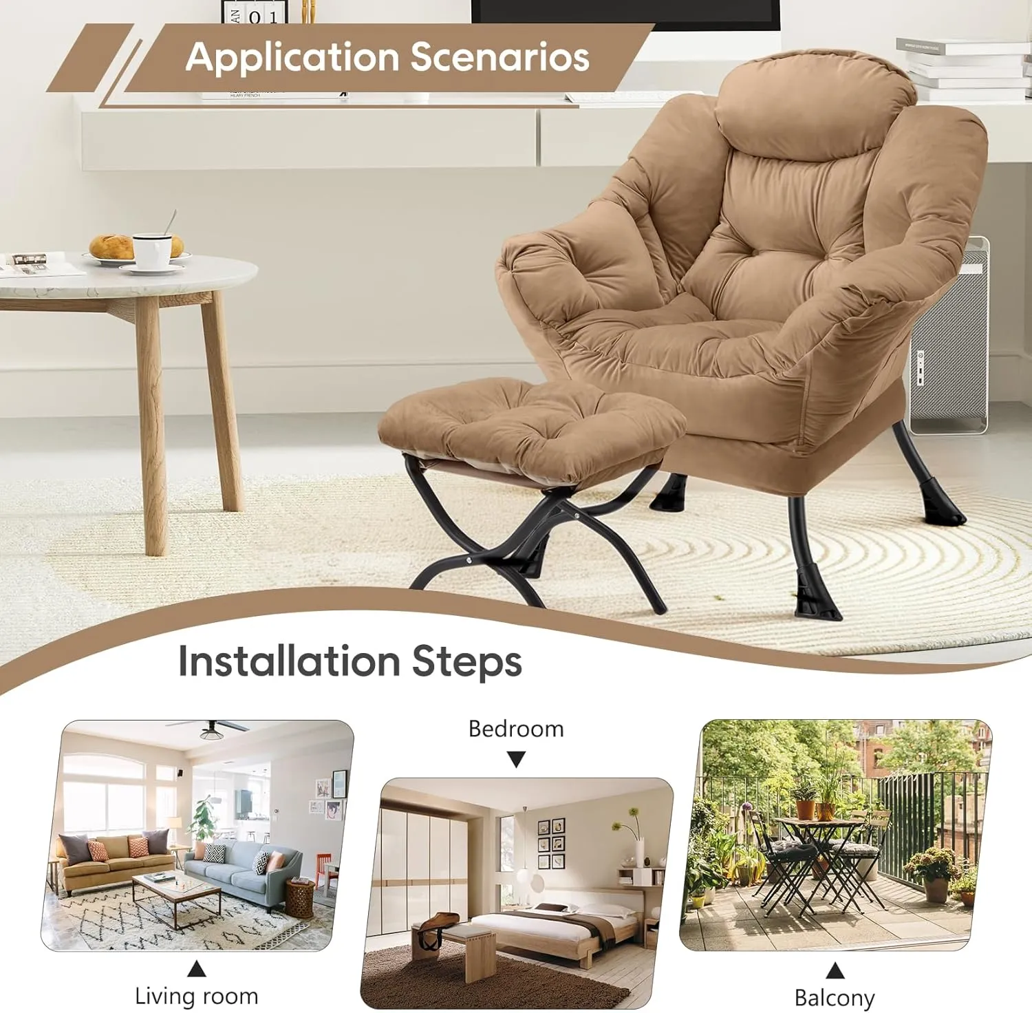 Lazy Chair with Folding Ottoman Modern Large Accent Chair,Contemporary Lounge Leisure Sofa Chair with Armrests Upholstered Sofa Armchair Reading Chair for Bedroom,Dorm & Office(Khaki-f)