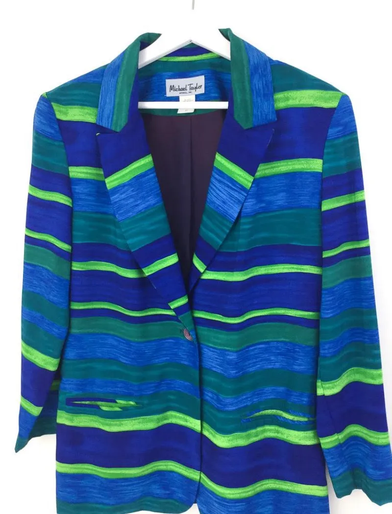 Lightweight colourful striped blue & green blazer jacket