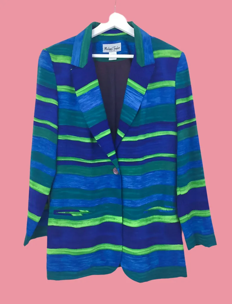 Lightweight colourful striped blue & green blazer jacket