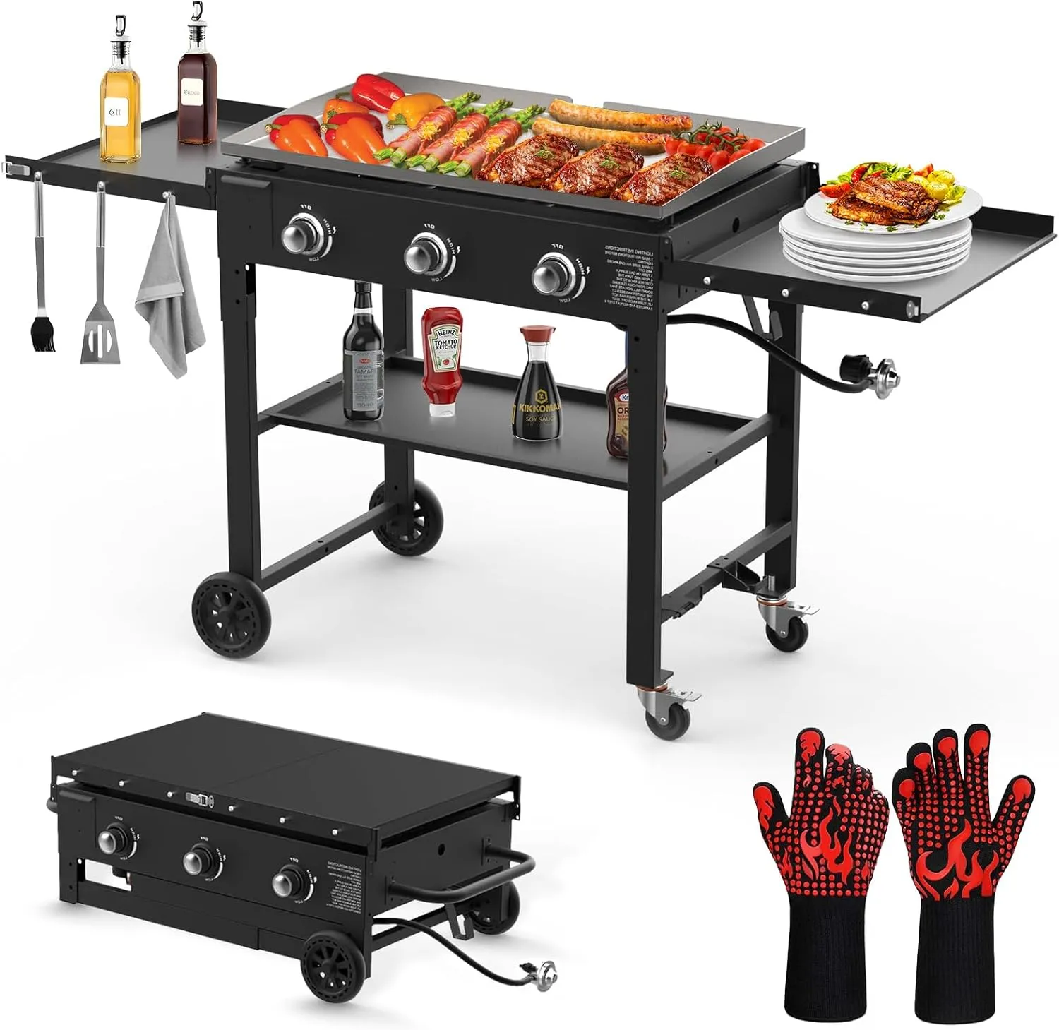 Llamaviva 3 Burner 35" Flat Top Grill with Foldable Shelves 45000 BTU Outdoor Griddle for Propane High-Pressure Systems Portable BBQ Grill with Porcelain-Enameled Cast Iron Grate for Camping-gloves