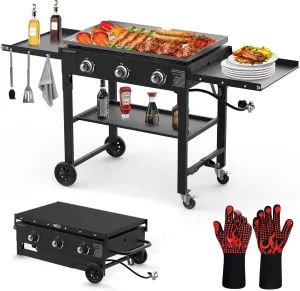 Llamaviva 3 Burner 35" Flat Top Grill with Foldable Shelves 45000 BTU Outdoor Griddle for Propane High-Pressure Systems Portable BBQ Grill with Porcelain-Enameled Cast Iron Grate for Camping-gloves