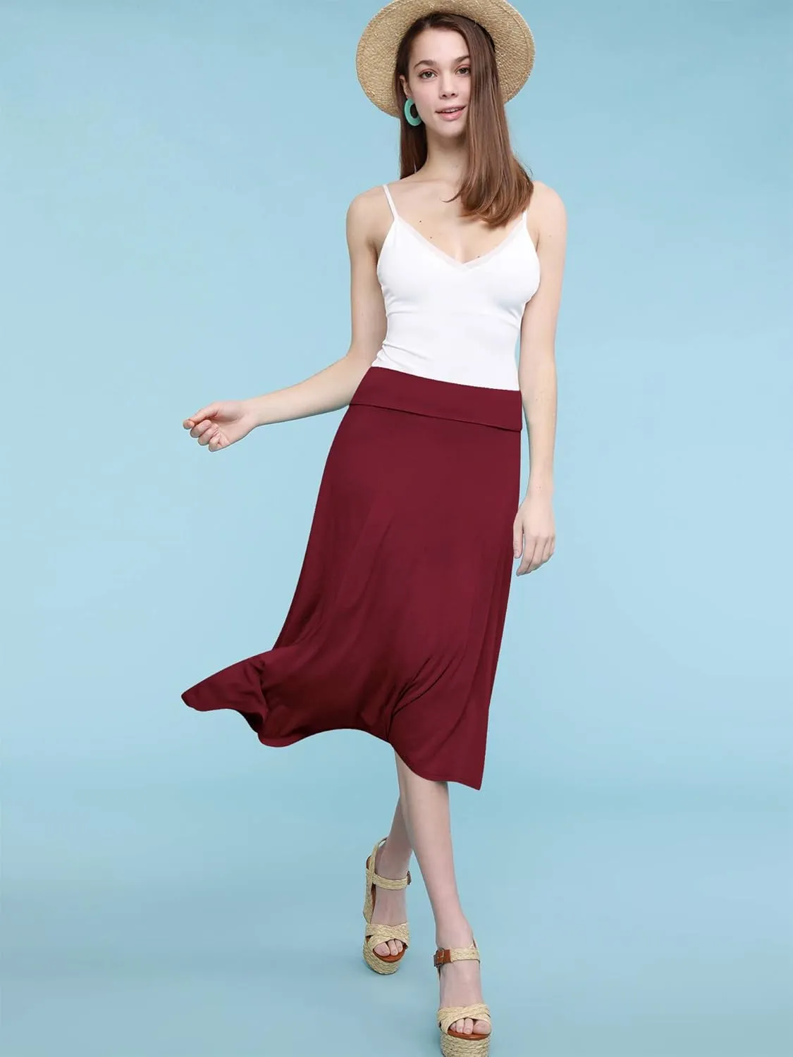 Lock and Love Women's Solid Ombre Lightweight Flare Midi Pull On Closure Skirt S-XXXL Plus Size