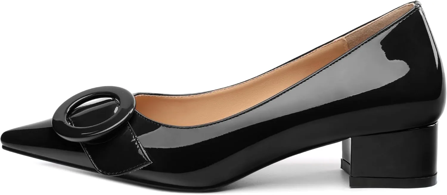 Low Chunky Kitten Heels for Women Closed Pointed Toe Slip on Patent Pumps Office Comfort Wedding Evening Dress Shoes 1.4 Inch