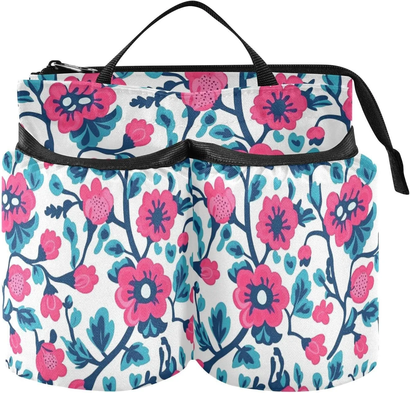 Luggage Water Bottle Holder Free Hand Red Turquoise Floral Pattern Flat Vector Style Suitcase Coffee Holder Hold Two Coffee Mugs for Airplane Travelers