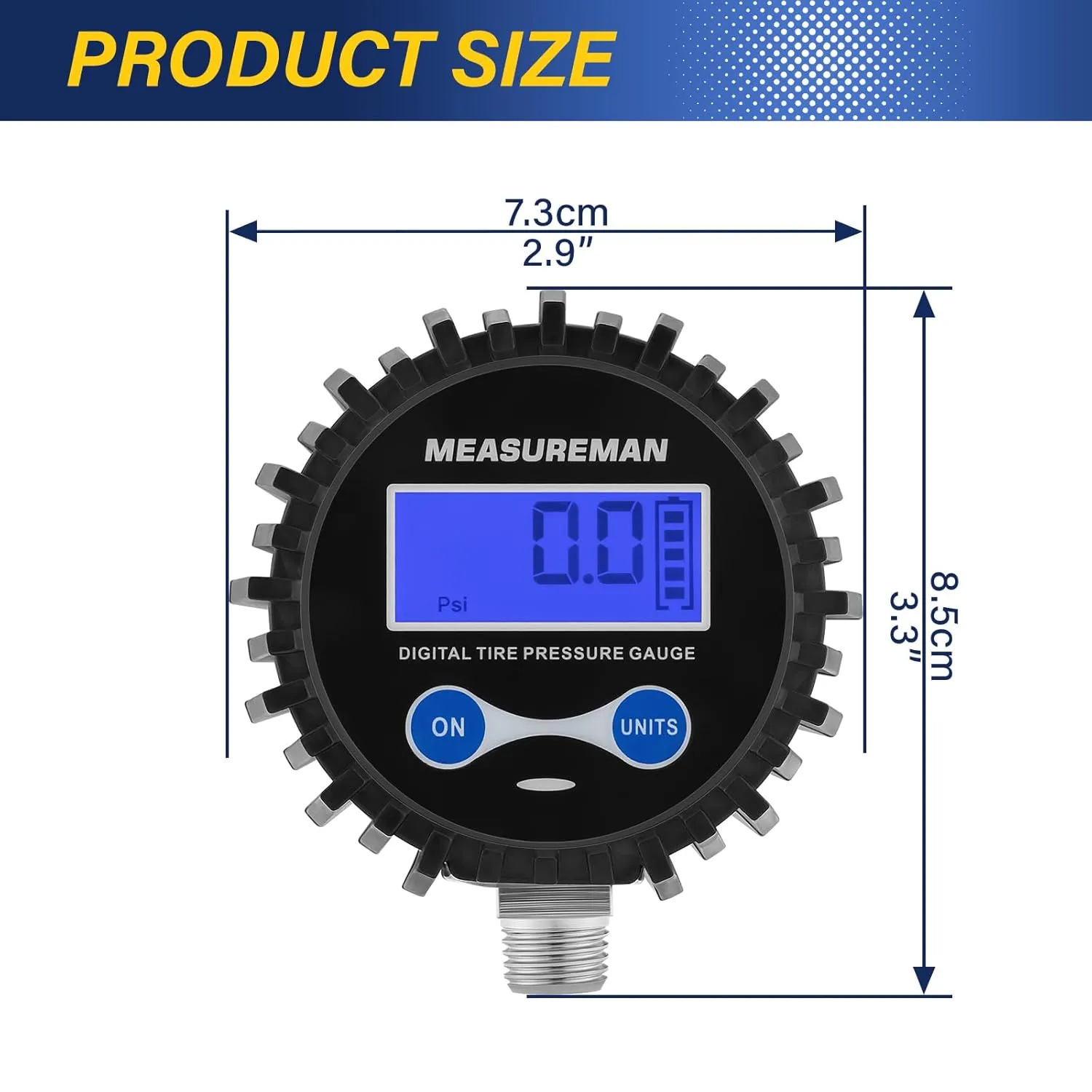 MEASUREMAN 2-1/2" Dial Size Digital Air Pressure Gauge with 1/4'' NPT Bottom Connector and Protective Boot, 0-250psi, Accuracy 1%, Battery Powered with LED Light