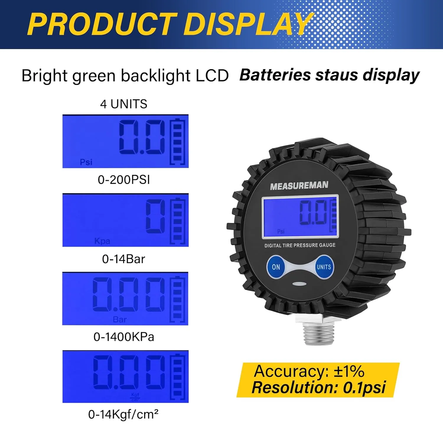 MEASUREMAN 2-1/2" Dial Size Digital Air Pressure Gauge with 1/4'' NPT Bottom Connector and Protective Boot, 0-250psi, Accuracy 1%, Battery Powered with LED Light