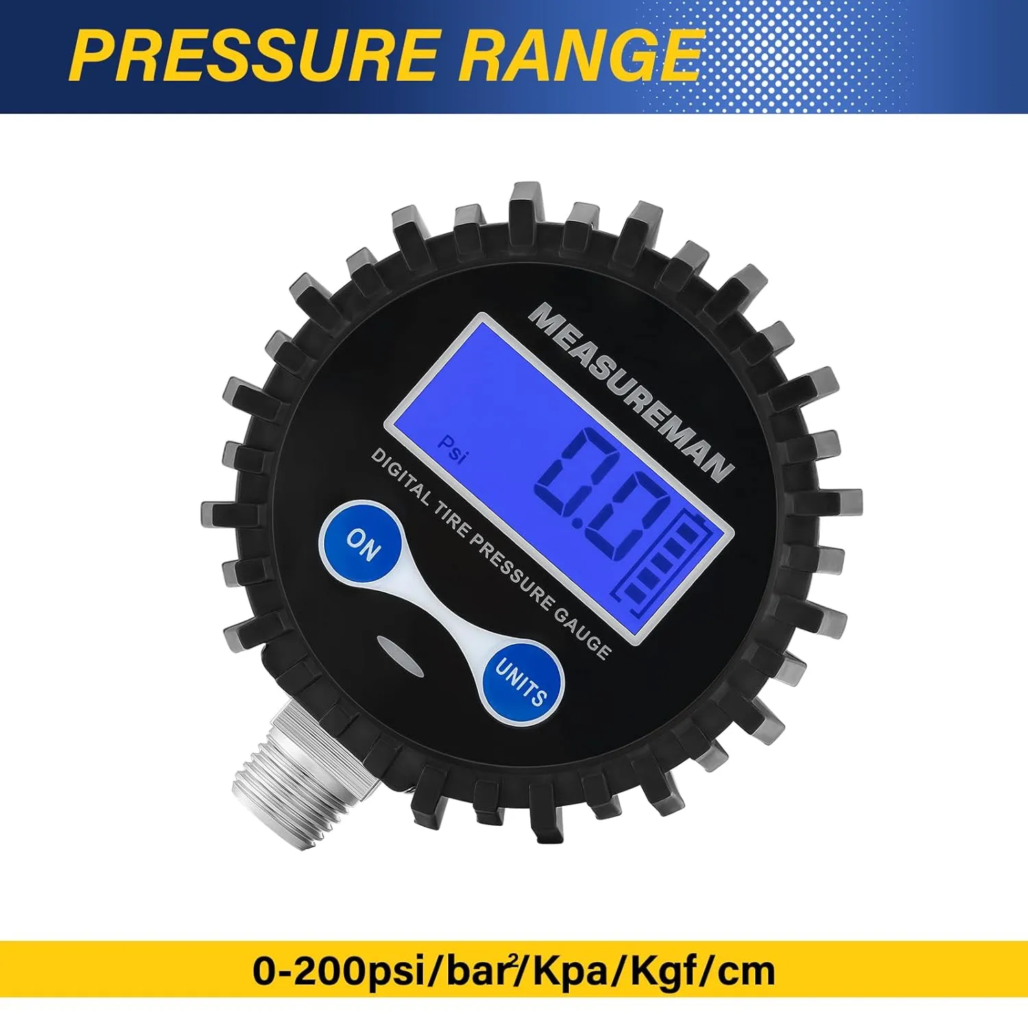 MEASUREMAN 2-1/2" Dial Size Digital Air Pressure Gauge with 1/4'' NPT Bottom Connector and Protective Boot, 0-250psi, Accuracy 1%, Battery Powered with LED Light