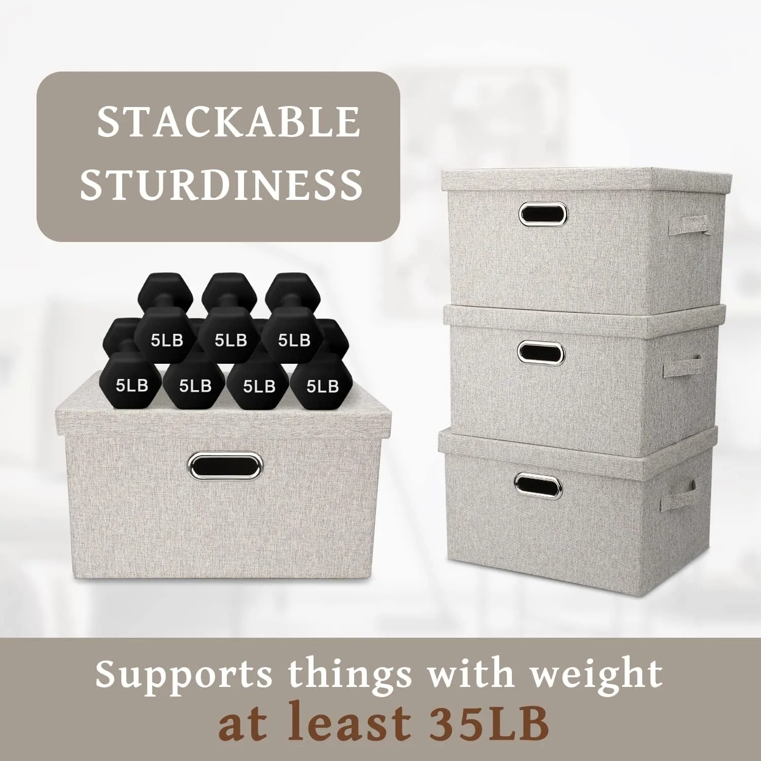 Medium 15" 21 Quart Collapsible Stackable Storage Bins with Lids, 3 Packs Beige Foldable Fabric Closet Boxes Heavy-duty Linen Cube Baskets Container for Bedroom Office (15 x 11 x 8)