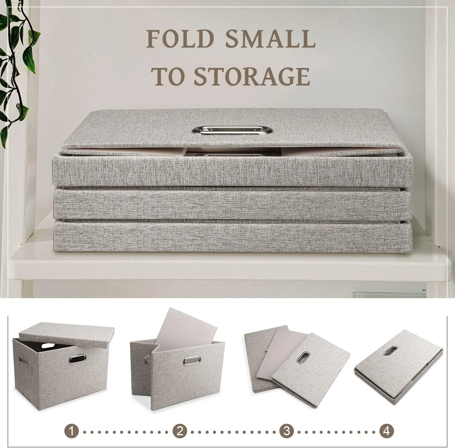 Medium 15" 21 Quart Collapsible Stackable Storage Bins with Lids, 3 Packs Beige Foldable Fabric Closet Boxes Heavy-duty Linen Cube Baskets Container for Bedroom Office (15 x 11 x 8)