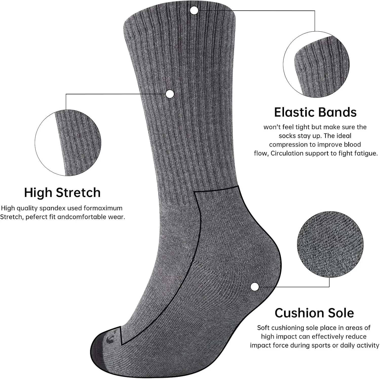 Mens 100% Cotton Moisture Wicking Cushioned Crew Socks, Athletic Performance Work socks