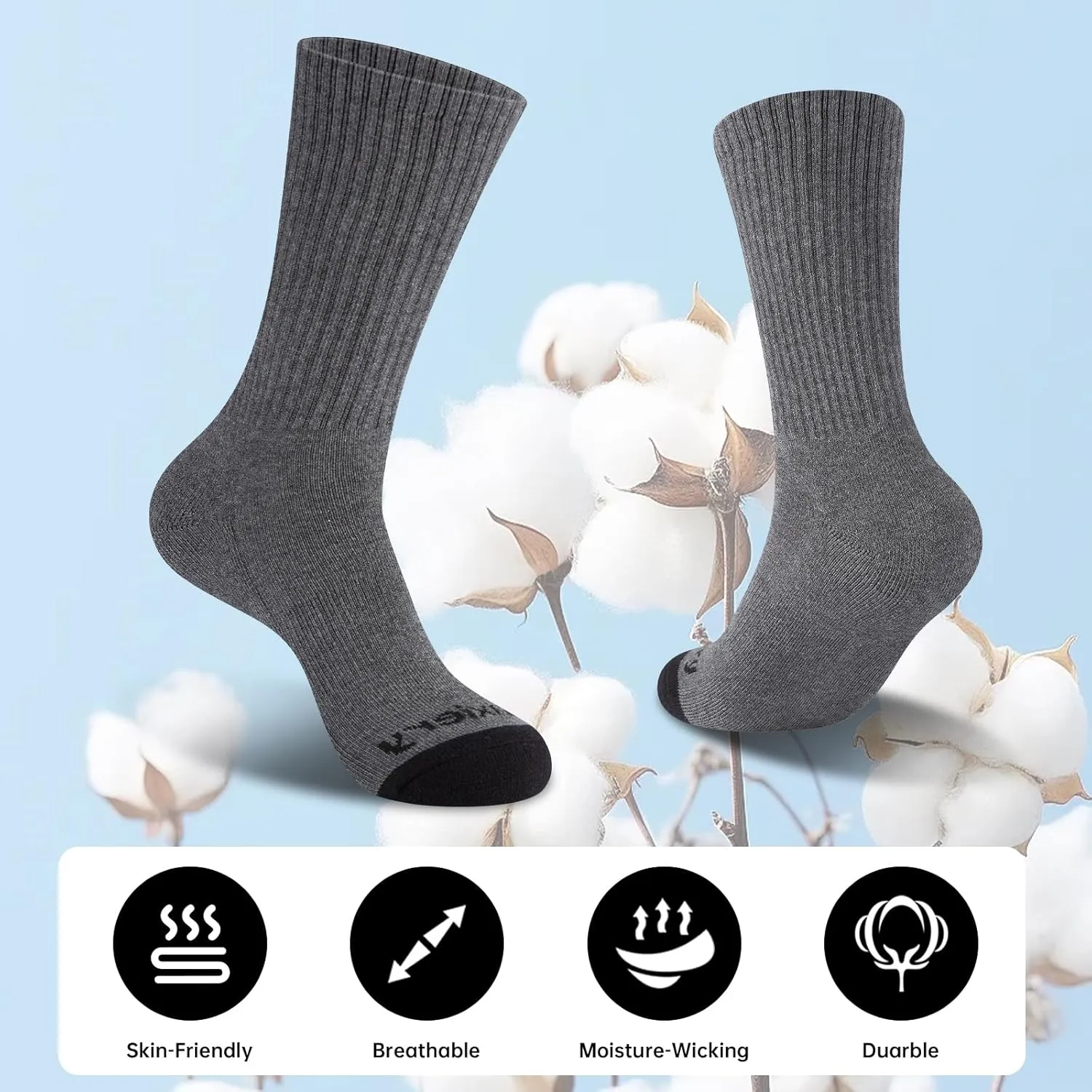 Mens 100% Cotton Moisture Wicking Cushioned Crew Socks, Athletic Performance Work socks
