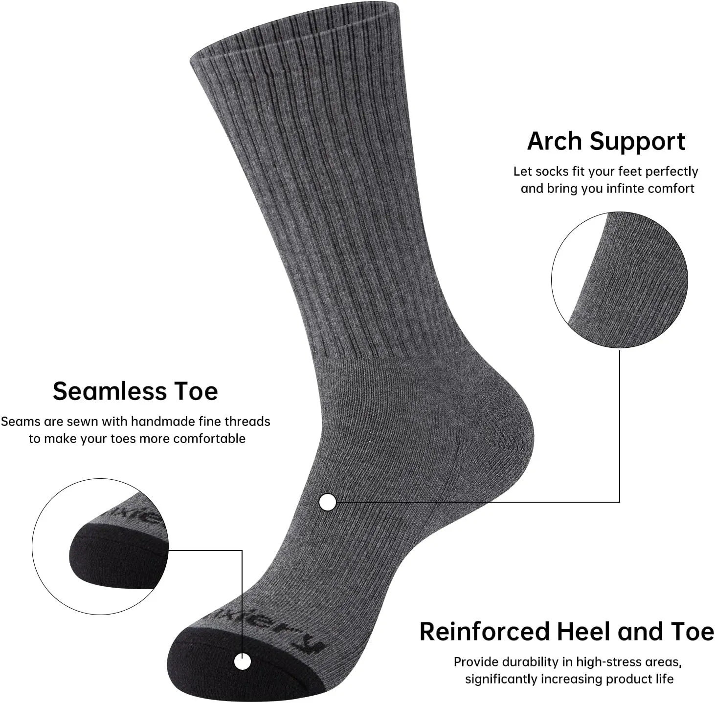 Mens 100% Cotton Moisture Wicking Cushioned Crew Socks, Athletic Performance Work socks