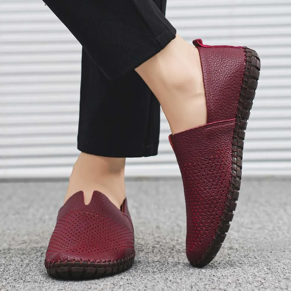 Men's Genuine Leather Loafer Shoes Slip On Soft Walking Shoes Perforated Driving Shoes