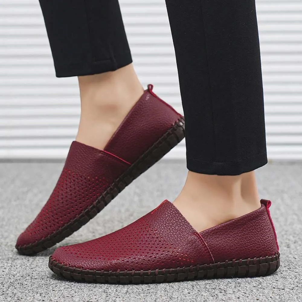 Men's Genuine Leather Loafer Shoes Slip On Soft Walking Shoes Perforated Driving Shoes