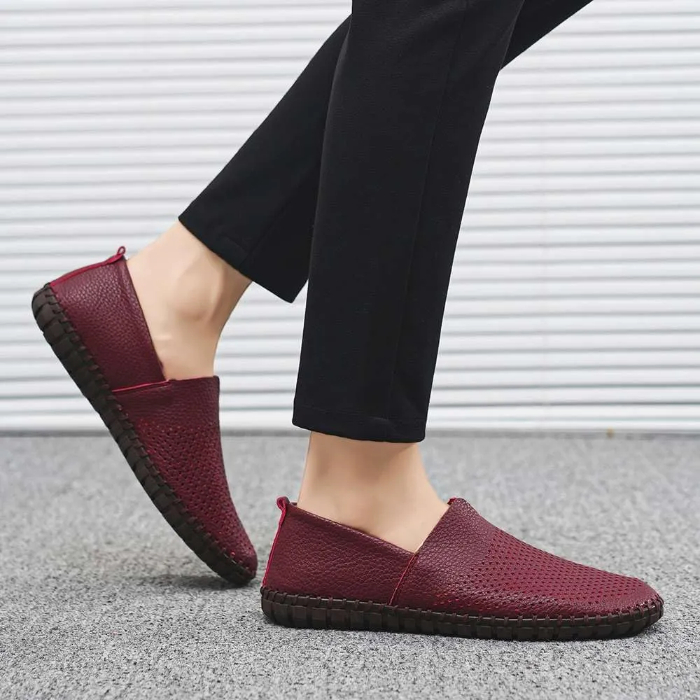 Men's Genuine Leather Loafer Shoes Slip On Soft Walking Shoes Perforated Driving Shoes