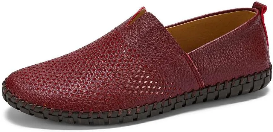 Men's Genuine Leather Loafer Shoes Slip On Soft Walking Shoes Perforated Driving Shoes