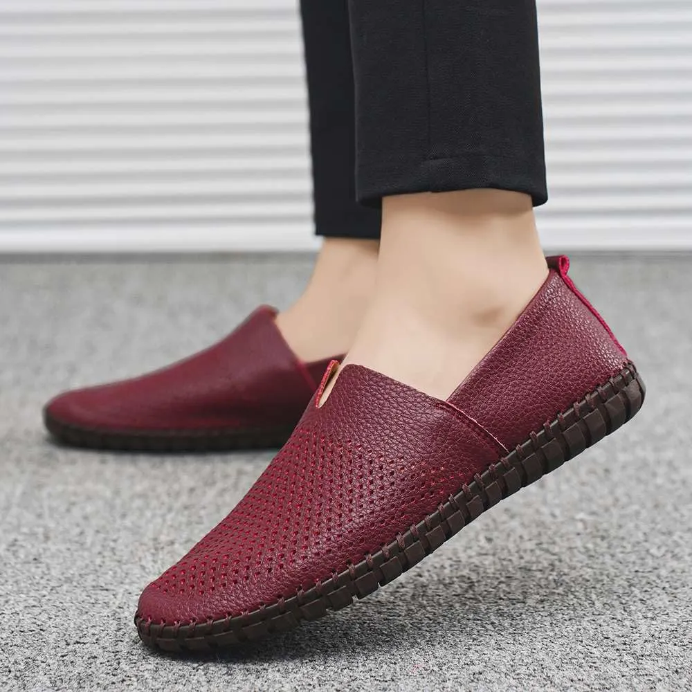 Men's Genuine Leather Loafer Shoes Slip On Soft Walking Shoes Perforated Driving Shoes