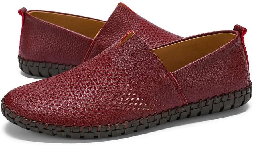 Men's Genuine Leather Loafer Shoes Slip On Soft Walking Shoes Perforated Driving Shoes