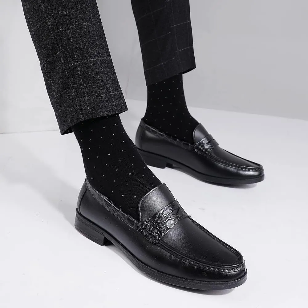 Men's Genuine Leather Loafers Crocodile Printed Slip On Soft Driving Dress Shoes