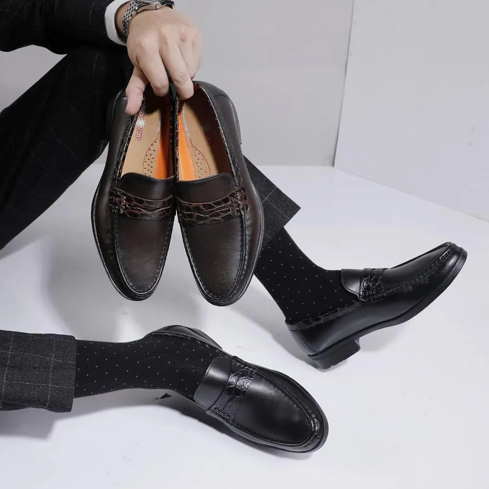 Men's Genuine Leather Loafers Crocodile Printed Slip On Soft Driving Dress Shoes