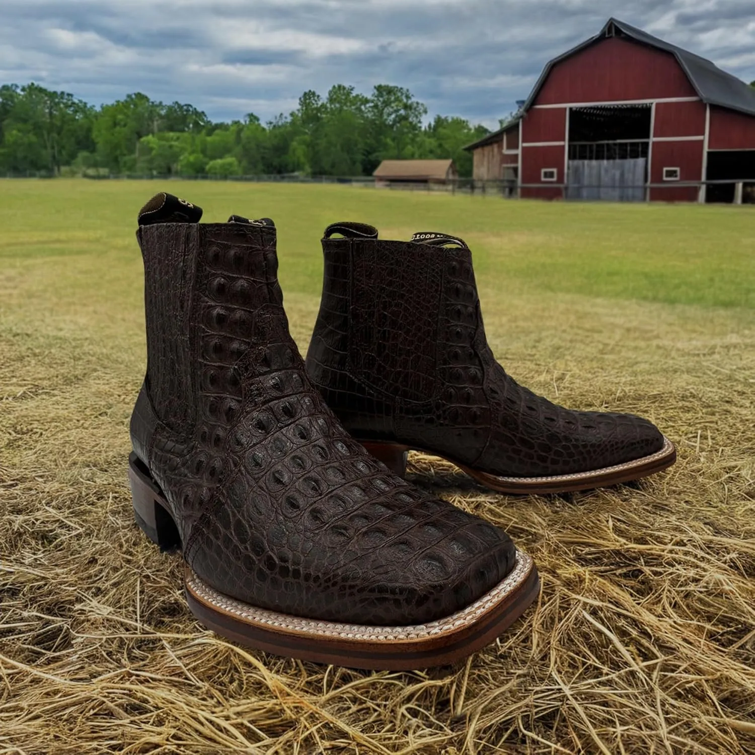 Mens Leather Short Ankle Cowboy Boot With Embossed Crocodile Print