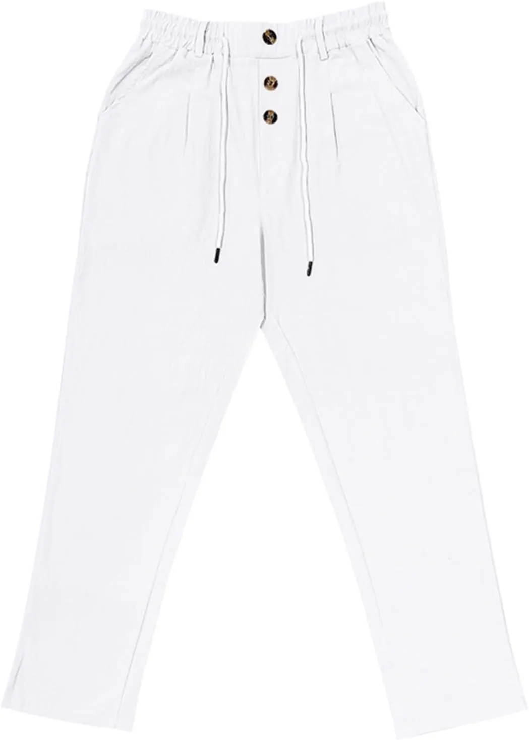 Men's Linen Drawstring Pants Lightweight Flat Front Button Summer Pant Regular Fit Beach Office Business Trousers