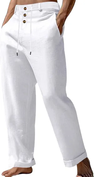 Men's Linen Drawstring Pants Lightweight Flat Front Button Summer Pant Regular Fit Beach Office Business Trousers