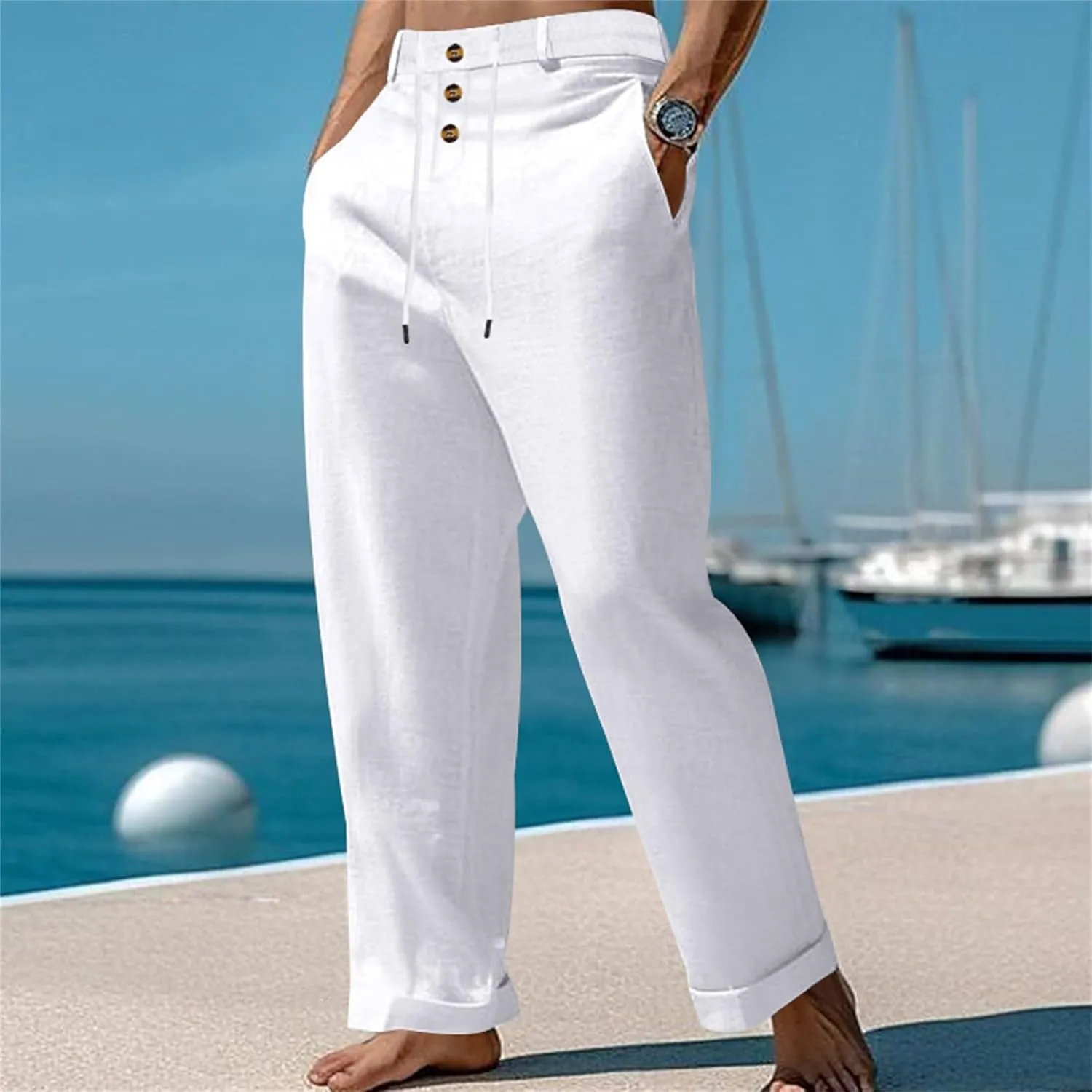 Men's Linen Drawstring Pants Lightweight Flat Front Button Summer Pant Regular Fit Beach Office Business Trousers