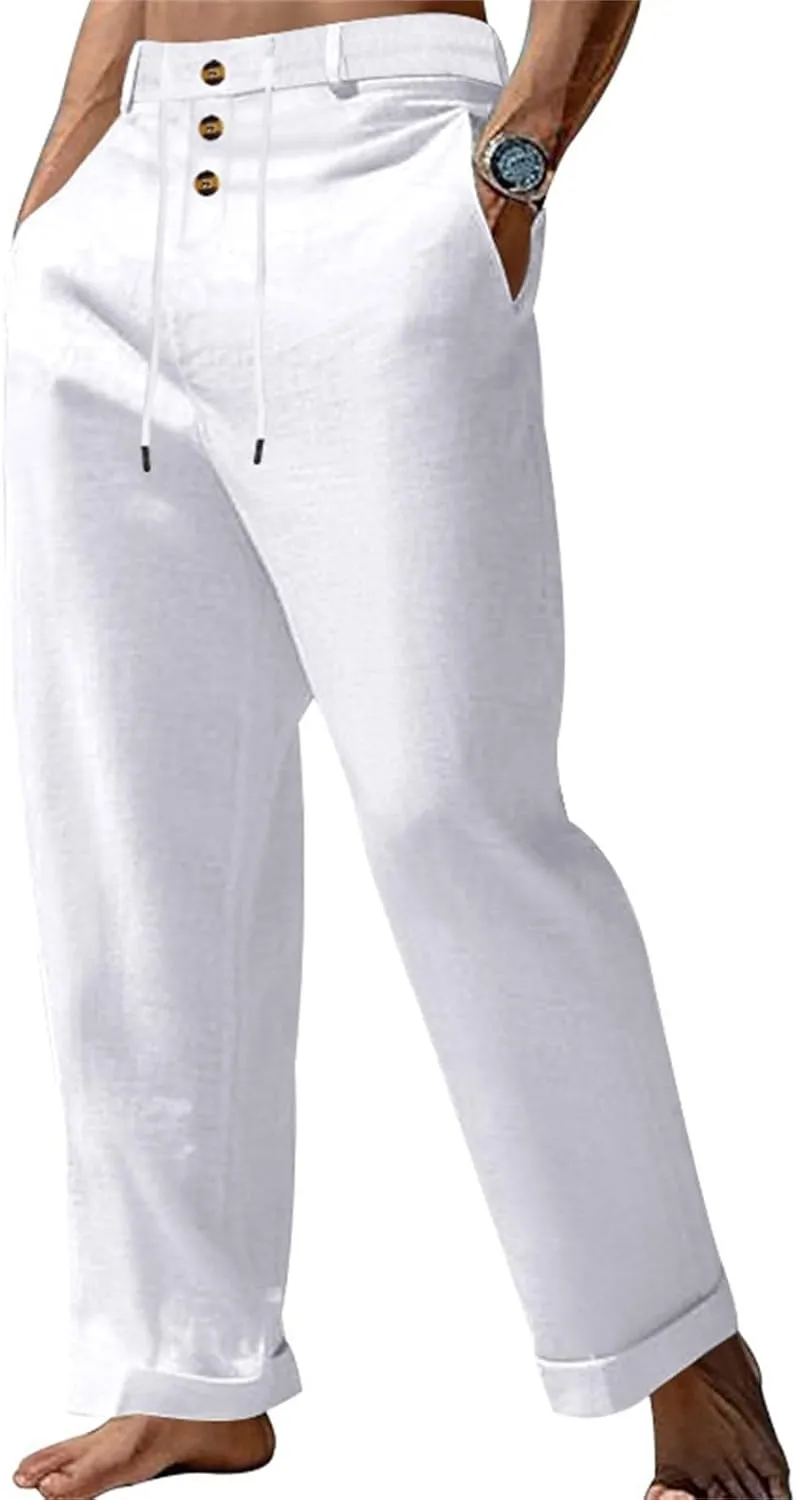 Men's Linen Drawstring Pants Lightweight Flat Front Button Summer Pant Regular Fit Beach Office Business Trousers