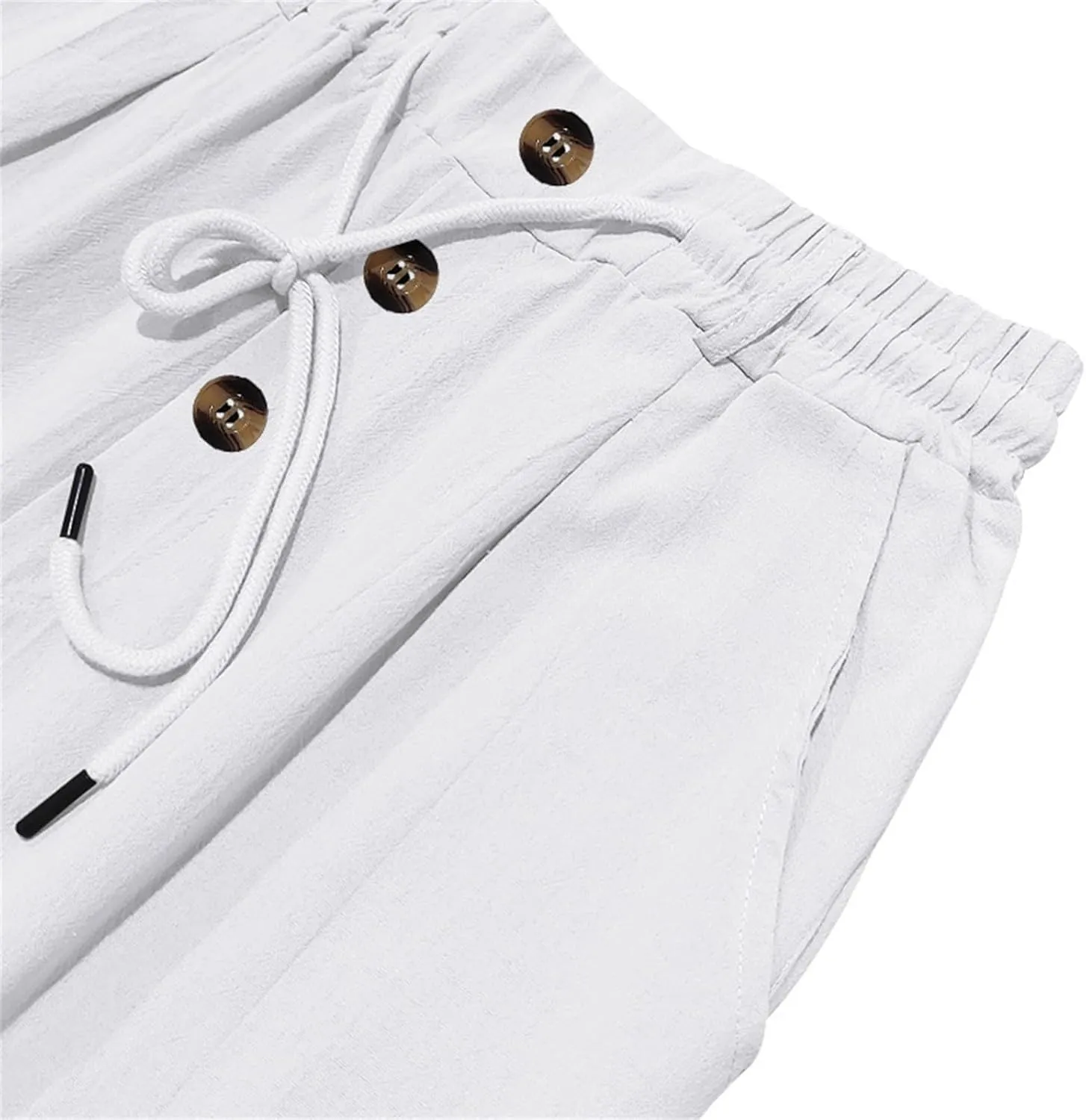 Men's Linen Drawstring Pants Lightweight Flat Front Button Summer Pant Regular Fit Beach Office Business Trousers