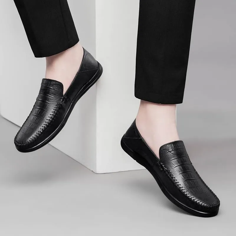 Mens Loafers Round Toe Leather Crocodile Print Loafer Shoes Resistant Comfortable Flat Heel Party Slip On