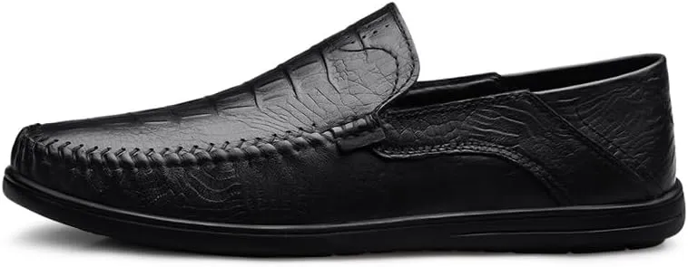 Mens Loafers Round Toe Leather Crocodile Print Loafer Shoes Resistant Comfortable Flat Heel Party Slip On