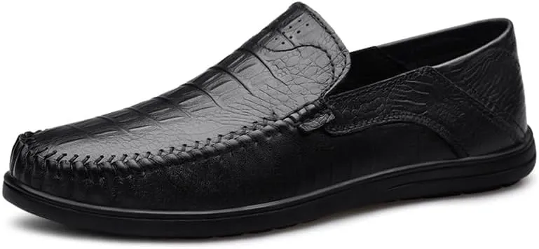 Mens Loafers Round Toe Leather Crocodile Print Loafer Shoes Resistant Comfortable Flat Heel Party Slip On