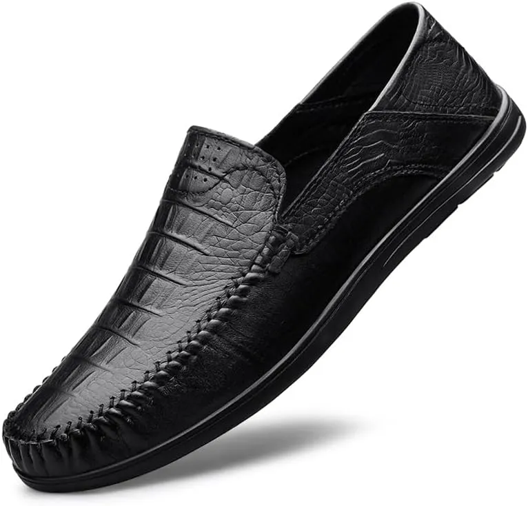 Mens Loafers Round Toe Leather Crocodile Print Loafer Shoes Resistant Comfortable Flat Heel Party Slip On