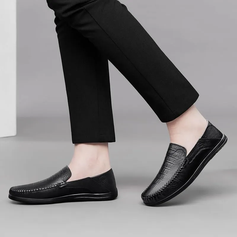 Mens Loafers Round Toe Leather Crocodile Print Loafer Shoes Resistant Comfortable Flat Heel Party Slip On