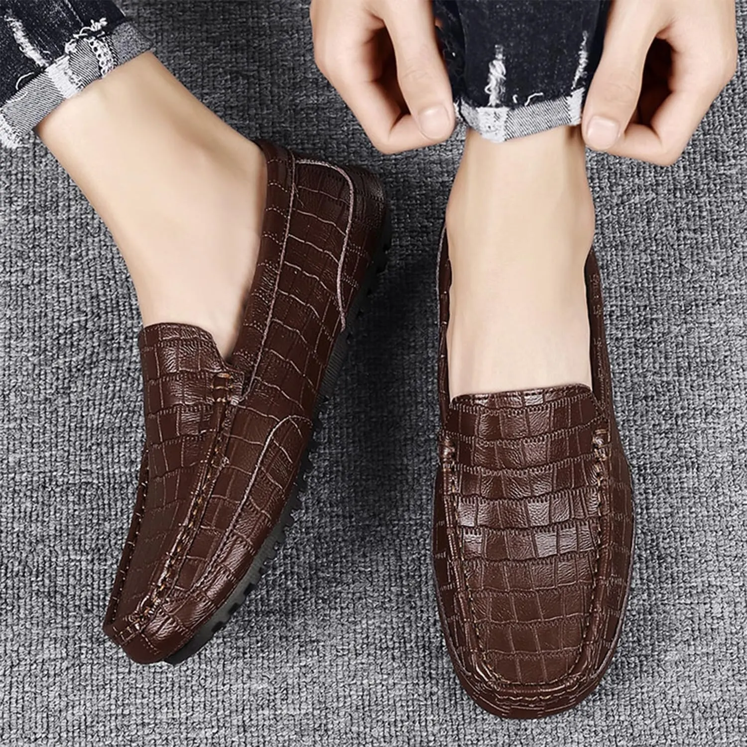 Men's Penny Loafers Crocodile Pattern Leather Loafers Soft Lightweight Black Slip-On Driving Moccasins Boat Shoes