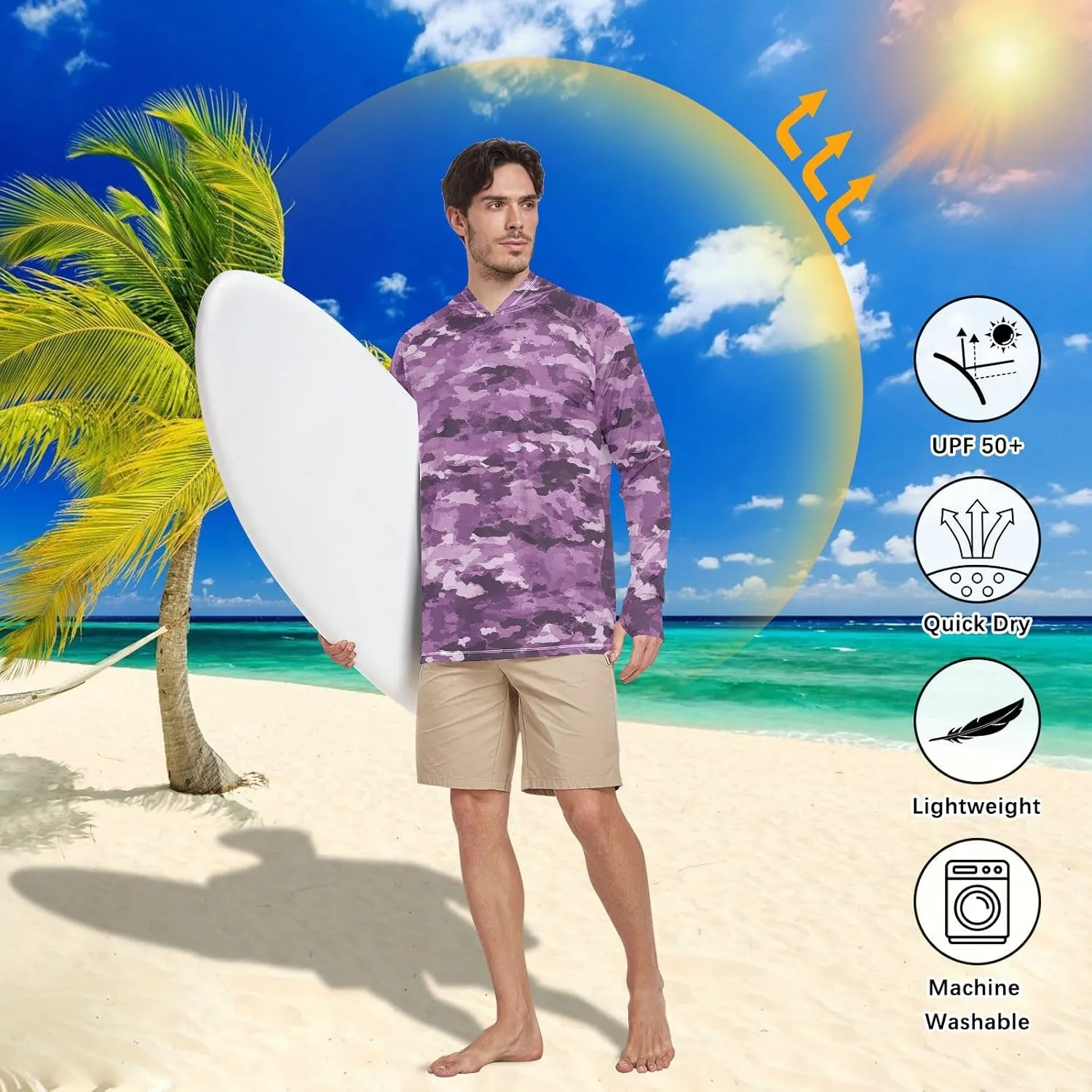 Mens Sun Protection Hoodie Long Sleeve Quick-Dry UPF 50  Rash Guard for Men