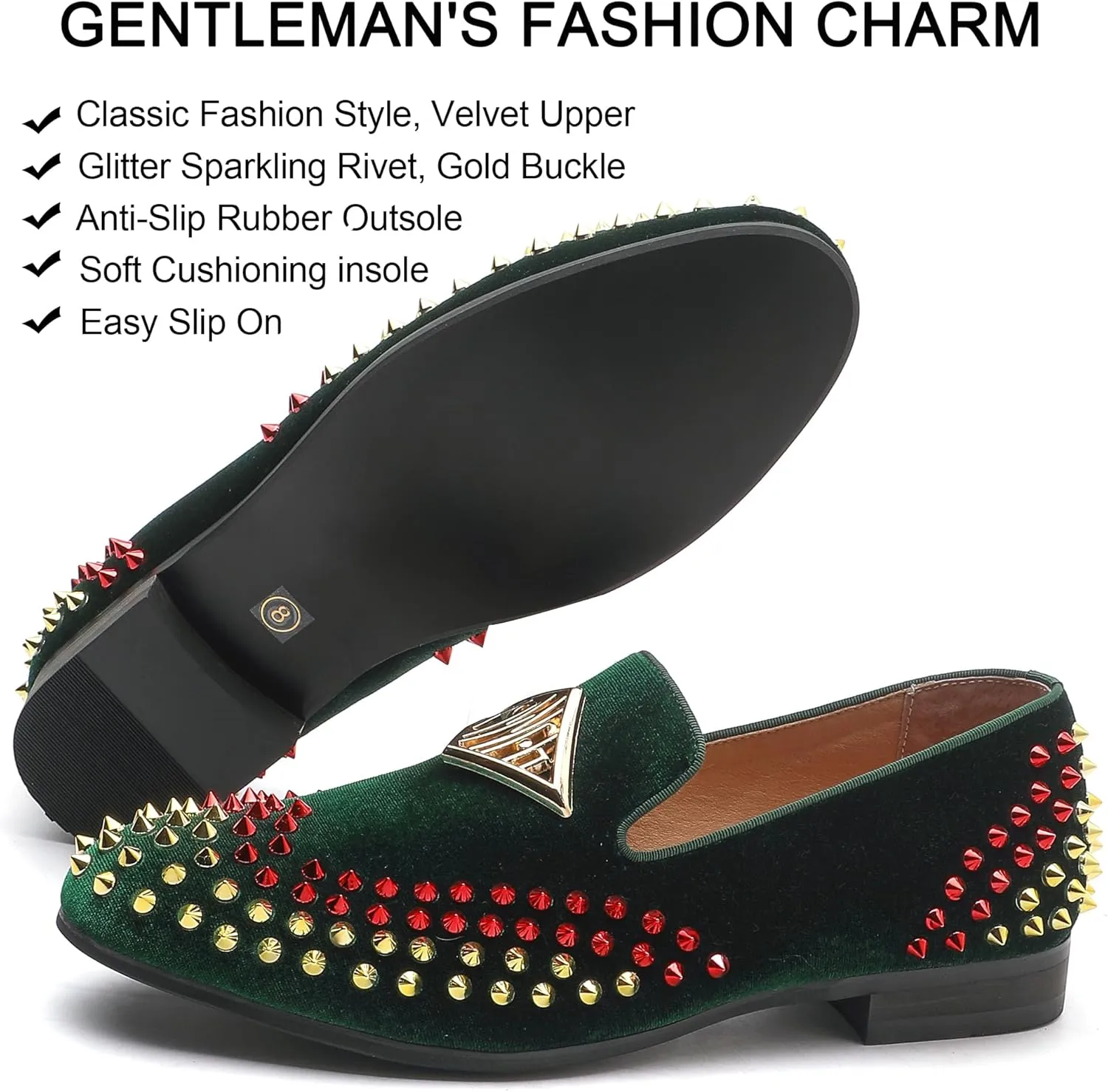 Mens Velvet Loafers Shoes Spiked Dress Shoes with Gold Buckle for Wedding Party Dancing Metallic Slip on Glitter Fashion Prom Shoes