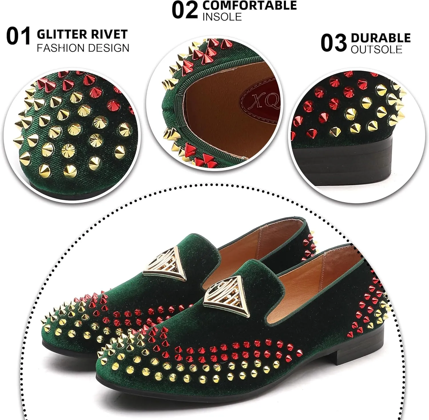 Mens Velvet Loafers Shoes Spiked Dress Shoes with Gold Buckle for Wedding Party Dancing Metallic Slip on Glitter Fashion Prom Shoes